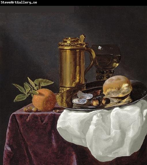 simon luttichuys Bread and an Orange resting on a Draped Ledge